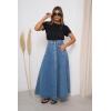 image:imagechouyatou Womens Retro Denim Skirt High Waist A Line Flare Maxi Long Jean Skirt with BeltDark Blue