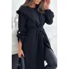 image:imagechouyatou Womens Tie Waist Hooded Wool Coat Casual Rolled Up Sleeve Wool Blend Mid Long Trench Coat OvercoatBlack