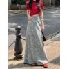 image:imagechouyatou Womens Vintage Floral Printed Denim Skirt High Waist Y2K A Line Flare Maxi Long Jean SkirtBlue