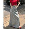image:imagechouyatou Womens Vintage Floral Printed Denim Skirt High Waist Y2K A Line Flare Maxi Long Jean SkirtBlue