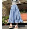 image:imagechouyatou Womens Vintage Plaid Ruffle Skirt High Elastic Waist A Line Swing Pleated Long SkirtBlue