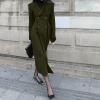 image:imagechouyatou Womens Winter Slim Fit Double Breasted Wool Trench Coat Notch Lapel Dressy Mid Long OvercoatArmy Green