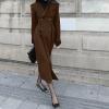 image:imagechouyatou Womens Winter Slim Fit Double Breasted Wool Trench Coat Notch Lapel Dressy Mid Long OvercoatDark Brown
