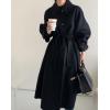 image:imagechouyatou Womens Winter Wool Trench Coat Button Down Lapel Collar Winter Warm Maxi Long Overcoat with BeltBlack