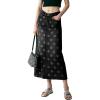 image:imagechouyatou Womens Casual Floral Printed Denim Skirt Vintage Distressed A Line Flare Jean Midi Long Skirt with PocketsBlack