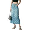 image:imagechouyatou Womens Casual Floral Printed Denim Skirt Vintage Distressed A Line Flare Jean Midi Long Skirt with PocketsBlue