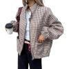 image:imagechouyatou Womens Casual Stand Collar Houndstooth Plaid Wool Pea Coat Zip Up Fleece Lined Dressy Bomber JacketCoffee
