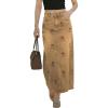 image:imagechouyatou Womens Elegant Floral Printed Denim Long Skirt Y2k Distressed Vintage A Line Jean Skirt with PocketsKhaki