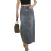 image:imagechouyatou Womens Elegant Floral Printed Denim Long Skirt Y2k Distressed Vintage A Line Jean Skirt with PocketsVintage Blue
