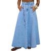 image:imagechouyatou Womens Retro Denim Skirt High Waist A Line Flare Maxi Long Jean Skirt with BeltBlue