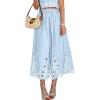 image:imagechouyatou Womens Retro Floral Embroidery Midi Long Skirt Back Elastic Waist Pleated ALine Skirt with PocketsLight Blue