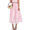 image:imagechouyatou Womens Retro Floral Embroidery Midi Long Skirt Back Elastic Waist Pleated ALine Skirt with PocketsPink