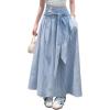 image:imagechouyatou Womens Sexy Tie Knot Plaid Maxi Skirt Back Smocked Waist Pleated Swing Long Skirt with PocketsBlue