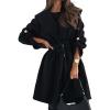 image:imagechouyatou Womens Tie Waist Hooded Wool Coat Casual Rolled Up Sleeve Wool Blend Mid Long Trench Coat OvercoatBlack