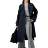 image:imagechouyatou Womens Winter Business Casual Midi Long Wool Coat Long Sleeve Wool Trench Pea Coat with BeltBlack