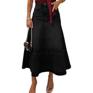 image:imageCHOUYATOU Womens Retro High Waist Jean Skirt Distressed Casual ALine Midi Long Denim Skirt with PocketBlack