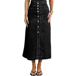 image:imagechouyatou Women Classic Button Down Long Jean Skirt Casual ALine Distressed Midi Denim Skirt with PocketBlack