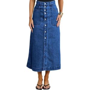 image:imagechouyatou Women Classic Button Down Long Jean Skirt Casual ALine Distressed Midi Denim Skirt with PocketBlue