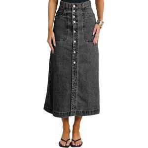 image:imagechouyatou Women Classic Button Down Long Jean Skirt Casual ALine Distressed Midi Denim Skirt with PocketGrey