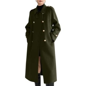 image:imagechouyatou Women Trendy Wool Pea Coat Double Breasted Dressy Trench Coat Winter Mid Long Overcoat with BeltArmy Green