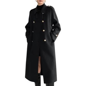 image:imagechouyatou Women Trendy Wool Pea Coat Double Breasted Dressy Trench Coat Winter Mid Long Overcoat with BeltBlack