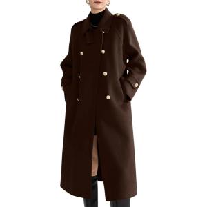 image:imagechouyatou Women Trendy Wool Pea Coat Double Breasted Dressy Trench Coat Winter Mid Long Overcoat with BeltDark Brown