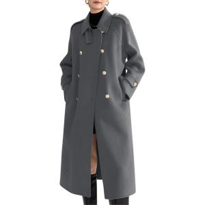 image:imagechouyatou Women Trendy Wool Pea Coat Double Breasted Dressy Trench Coat Winter Mid Long Overcoat with BeltGrey