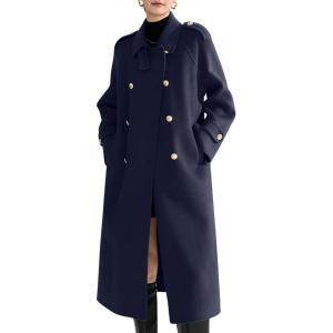 image:imagechouyatou Women Trendy Wool Pea Coat Double Breasted Dressy Trench Coat Winter Mid Long Overcoat with BeltNavy Blue