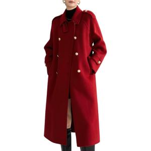 image:imagechouyatou Women Trendy Wool Pea Coat Double Breasted Dressy Trench Coat Winter Mid Long Overcoat with BeltRed