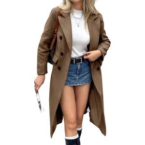 image:imagechouyatou Womens 2025 Winter Double Breasted Wool Coat Dressy Casual Notch Lapel Long Trench CoatBrown