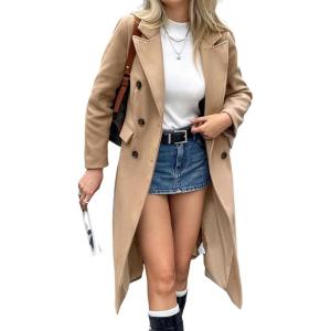 image:imagechouyatou Womens 2025 Winter Double Breasted Wool Coat Dressy Casual Notch Lapel Long Trench CoatCamel