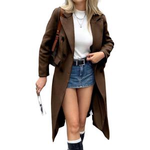 image:imagechouyatou Womens 2025 Winter Double Breasted Wool Coat Dressy Casual Notch Lapel Long Trench CoatCoffee