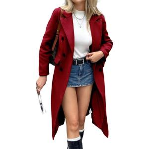image:imagechouyatou Womens 2025 Winter Double Breasted Wool Coat Dressy Casual Notch Lapel Long Trench CoatRed