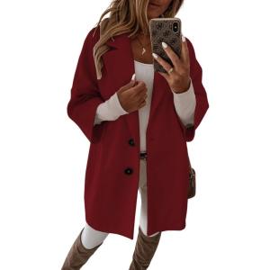 image:imagechouyatou Womens 34 Sleeve Notch Lapel Wool Coat Single Breasted Wool Blend Trench Pea Coat with PocketsWine Red