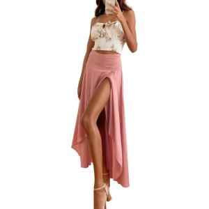image:imagechouyatou Womens Asymmetrical High Low Ruffle Hem Split Maxi Skirts High Wait Flounce SkirtPink