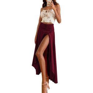 image:imagechouyatou Womens Asymmetrical High Low Ruffle Hem Split Maxi Skirts High Wait Flounce SkirtWine Red