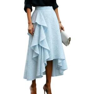 image:imagechouyatou Womens Boho Floral Embroidery Ruffle Skirt Irregular High Low A Line Beach Party Midi Long SkirtLight Blue