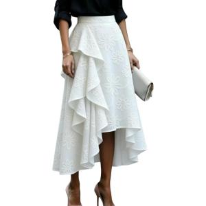 image:imagechouyatou Womens Boho Floral Embroidery Ruffle Skirt Irregular High Low A Line Beach Party Midi Long SkirtWhite