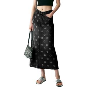 image:imagechouyatou Womens Casual Floral Printed Denim Skirt Vintage Distressed A Line Flare Jean Midi Long Skirt with PocketsBlack