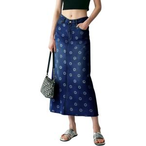 image:imagechouyatou Womens Casual Floral Printed Denim Skirt Vintage Distressed A Line Flare Jean Midi Long Skirt with PocketsDark Blue