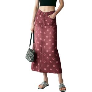image:imagechouyatou Womens Casual Floral Printed Denim Skirt Vintage Distressed A Line Flare Jean Midi Long Skirt with PocketsDark Red