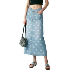 image:imagechouyatou Womens Casual Floral Printed Denim Skirt Vintage Distressed A Line Flare Jean Midi Long Skirt with PocketsLight Blue