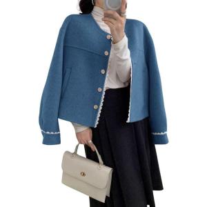 image:imagechouyatou Womens Casual Single Breasted Cropped Wool Coat Dressy Short Trench Pea Coat Overcoat with PocketsBlue