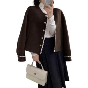 image:imagechouyatou Womens Casual Single Breasted Cropped Wool Coat Dressy Short Trench Pea Coat Overcoat with PocketsCoffee