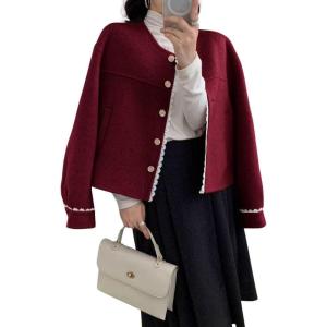 image:imagechouyatou Womens Casual Single Breasted Cropped Wool Coat Dressy Short Trench Pea Coat Overcoat with PocketsDark Red