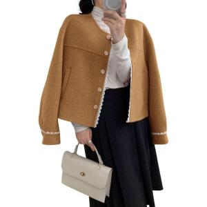 image:imagechouyatou Womens Casual Single Breasted Cropped Wool Coat Dressy Short Trench Pea Coat Overcoat with PocketsKhaki