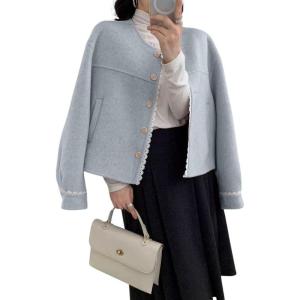 image:imagechouyatou Womens Casual Single Breasted Cropped Wool Coat Dressy Short Trench Pea Coat Overcoat with PocketsLight Blue