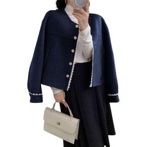 image:imagechouyatou Womens Casual Single Breasted Cropped Wool Coat Dressy Short Trench Pea Coat Overcoat with PocketsNavy
