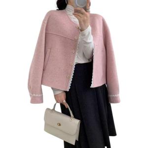 image:imagechouyatou Womens Casual Single Breasted Cropped Wool Coat Dressy Short Trench Pea Coat Overcoat with PocketsPink