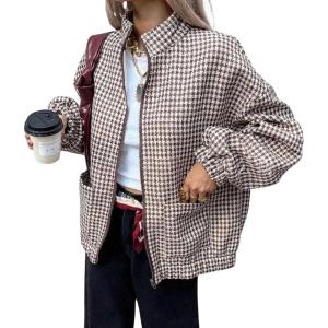 image:imagechouyatou Womens Casual Stand Collar Houndstooth Plaid Wool Pea Coat Zip Up Fleece Lined Dressy Bomber JacketCoffee